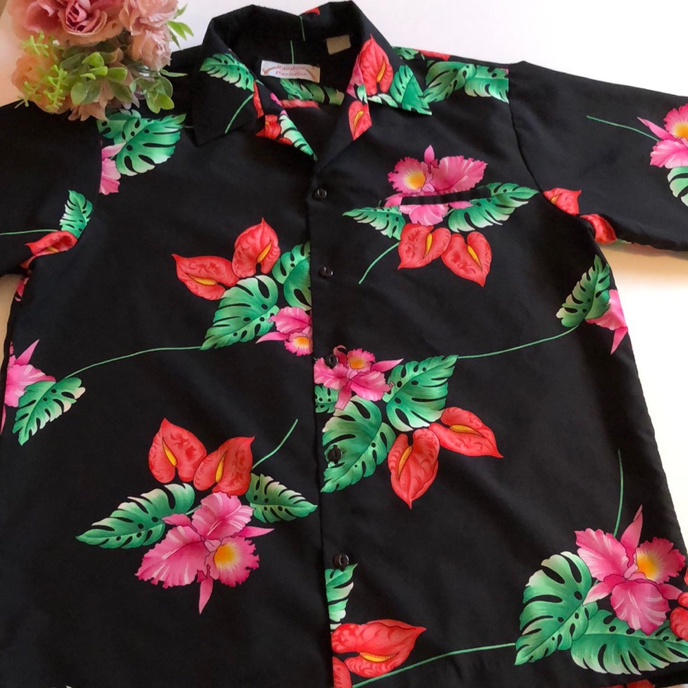 Rainbow Paradise Hawaiian Shirt Vintage Hawaiian Shirt Black With Floral